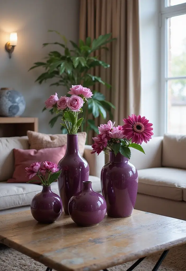 28 Plum Living Room Ideas That Add Richness and Drama - 7. Plum Decorative Vases – Elegant Accents