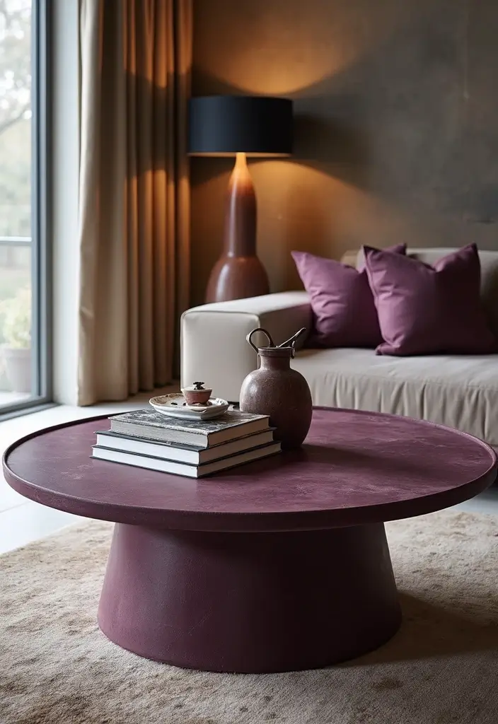 28 Plum Living Room Ideas That Add Richness and Drama - 8. Plum Coffee Table – Functional Style
