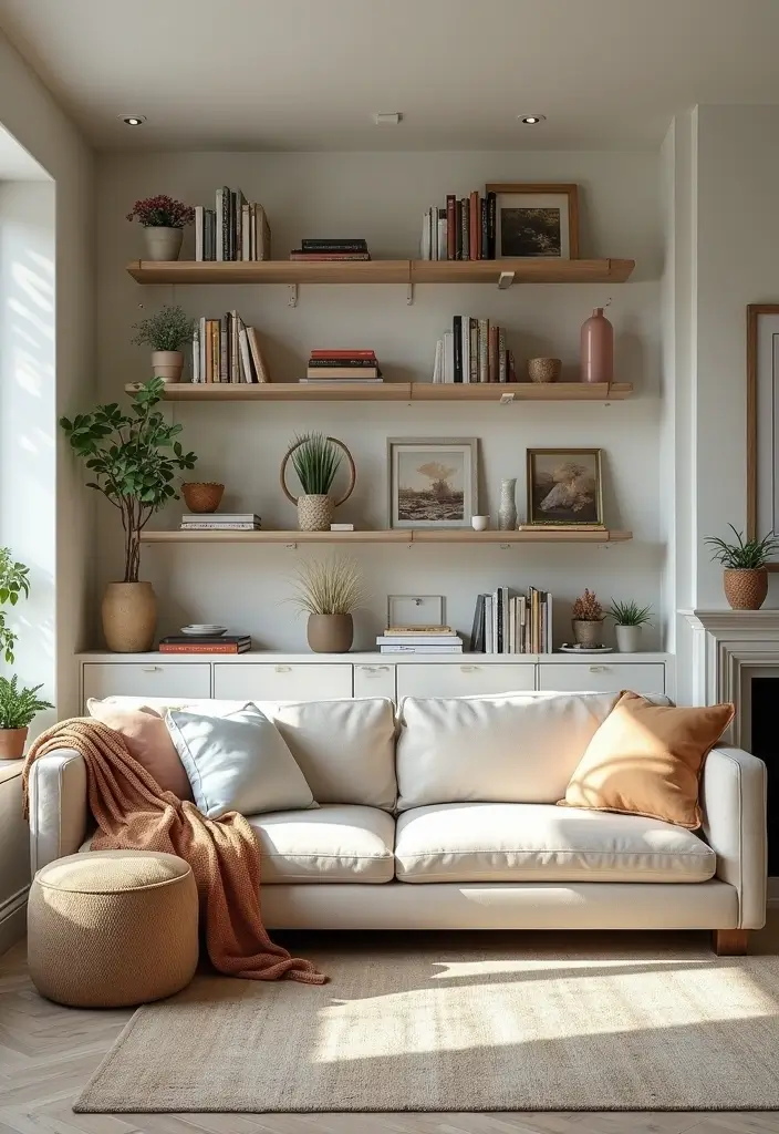 28 Small Cosy Living Room Ideas That Feel Inviting and Peaceful - 14. Choose Open Shelving