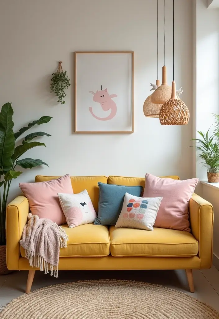 28 Small Cosy Living Room Ideas That Feel Inviting and Peaceful - 26. Add a Pop of Whimsy