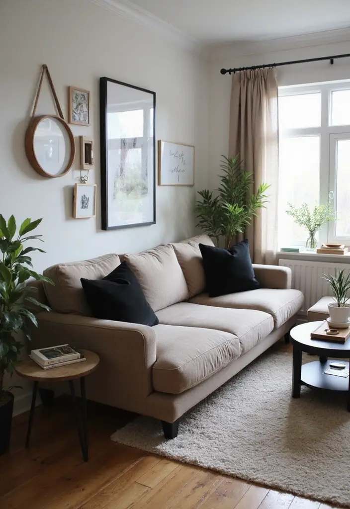 28 Taupe and Black Living Room Ideas That Feel Modern and Moody - 1. Sleek Taupe Sectional with Black Throw Pillows