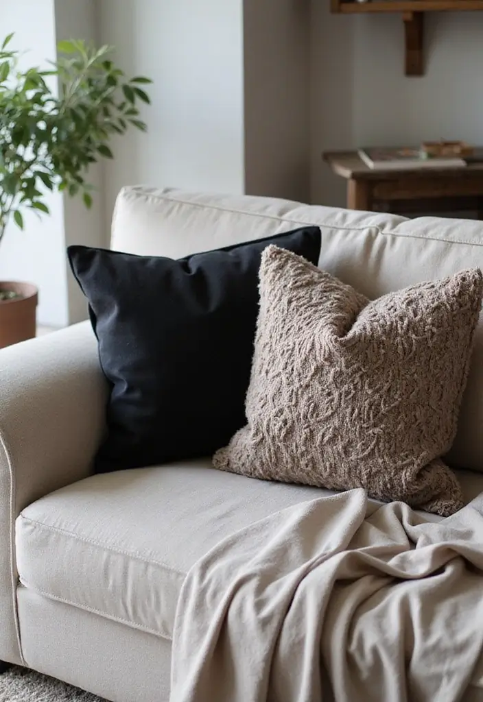28 Taupe and Black Living Room Ideas That Feel Modern and Moody - 10. Taupe and Black Textured Pillows