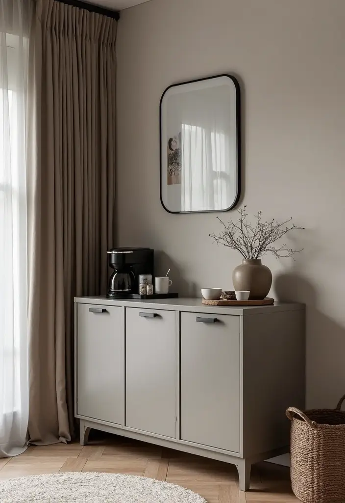 28 Taupe and Black Living Room Ideas That Feel Modern and Moody - 11. Stylish Taupe Coffee Bar with Black Accents