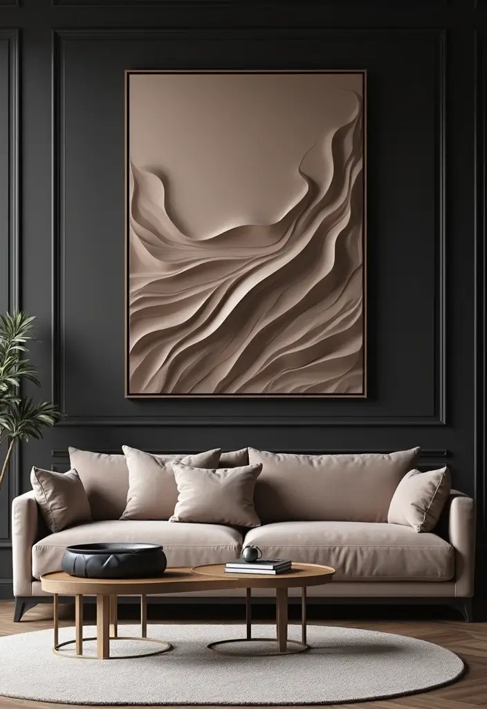 28 Taupe and Black Living Room Ideas That Feel Modern and Moody - 12. Dimensional Taupe Wall Art