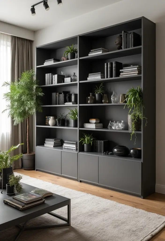 28 Taupe and Black Living Room Ideas That Feel Modern and Moody - 14. Taupe and Black Bookcases