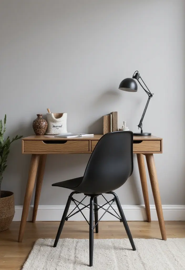 28 Taupe and Black Living Room Ideas That Feel Modern and Moody - 15. Minimalist Taupe Desk with Black Chair
