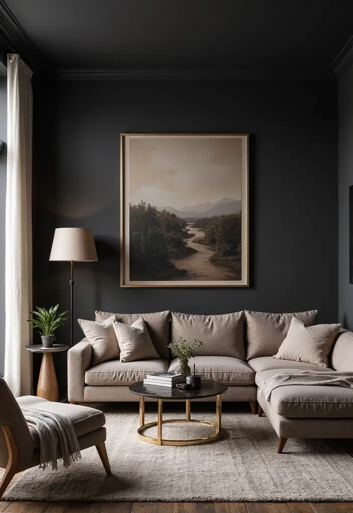 28 Taupe and Black Living Room Ideas That Feel Modern and Moody - 2. Black Walls with Taupe Accents