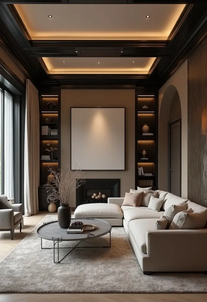 28 Taupe and Black Living Room Ideas That Feel Modern and Moody - 20. Taupe Ceiling with Black Beams