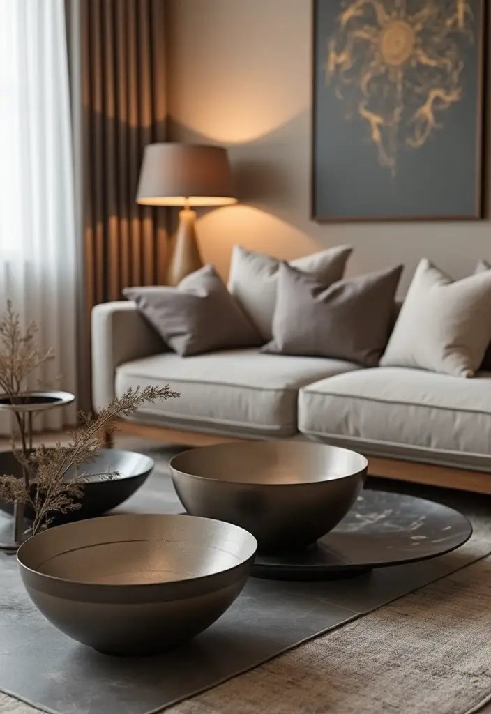 28 Taupe and Black Living Room Ideas That Feel Modern and Moody - 23. Taupe and Black Decorative Bowls