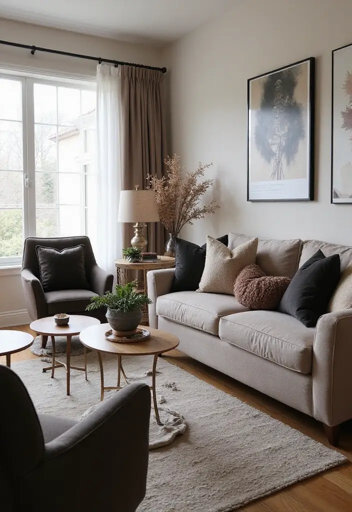 28 Taupe and Black Living Room Ideas That Feel Modern and Moody - 28. Taupe and Black Seasonal Decor