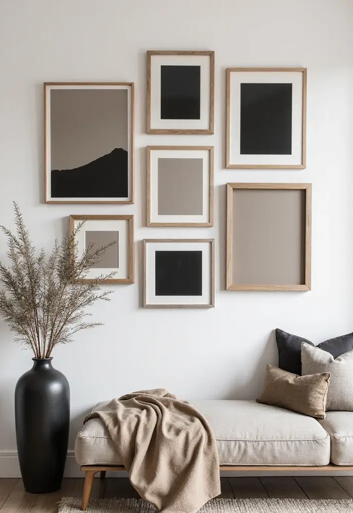 28 Taupe and Black Living Room Ideas That Feel Modern and Moody - 4. Taupe and Black Artwork Gallery Wall