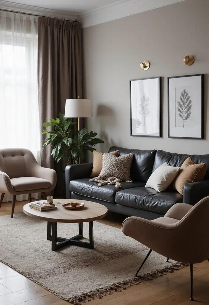 28 Taupe and Black Living Room Ideas That Feel Modern and Moody - 5. Black Leather Sofa with Taupe Accent Chairs