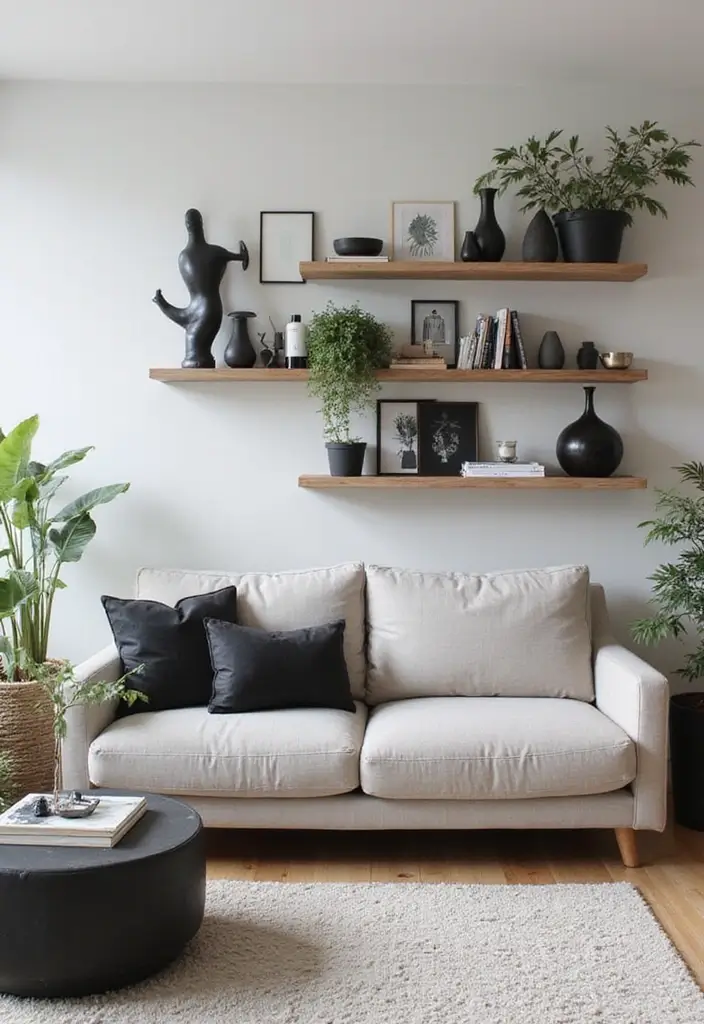 28 Taupe and Black Living Room Ideas That Feel Modern and Moody - 6. Taupe Floating Shelves with Black Decor