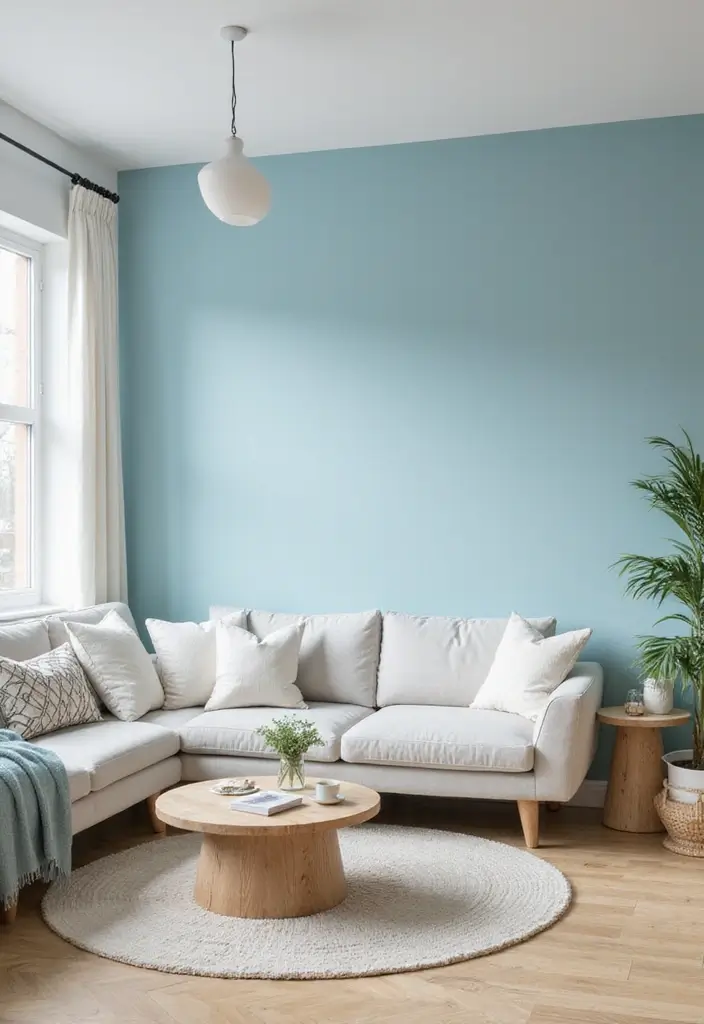 29 Blue Feature Wall Living Room Ideas That Add a Focal Point - 1. Soft Sky Blue Serenity