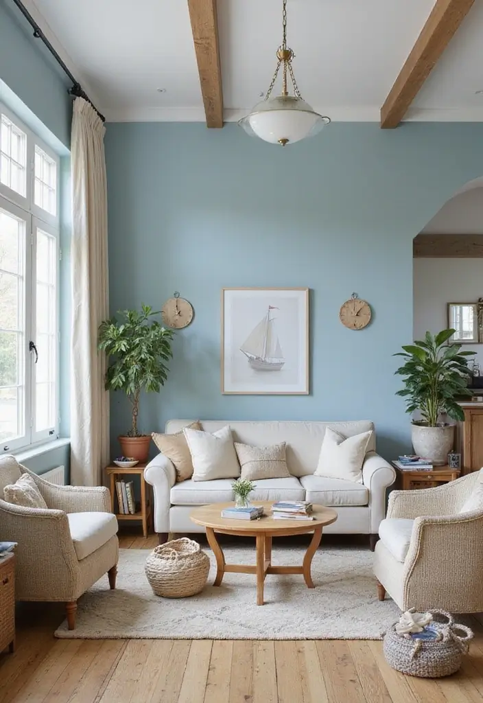 29 Blue Feature Wall Living Room Ideas That Add a Focal Point - 14. Light Blue and Wood Combo