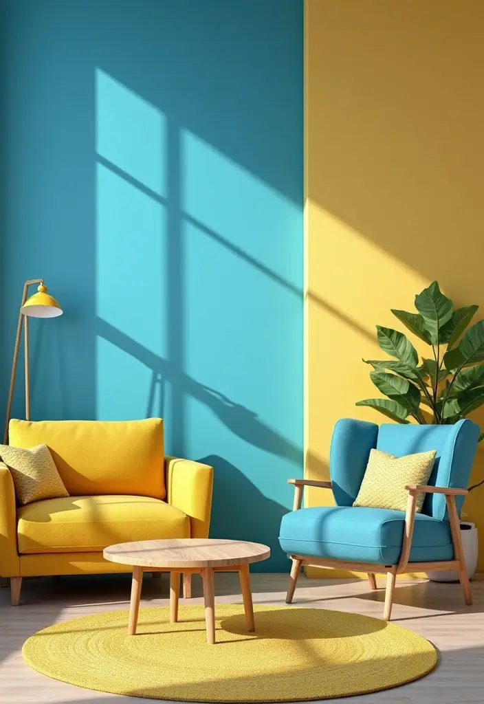 29 Blue Feature Wall Living Room Ideas That Add a Focal Point - 15. Bright Blue with Yellow Accents