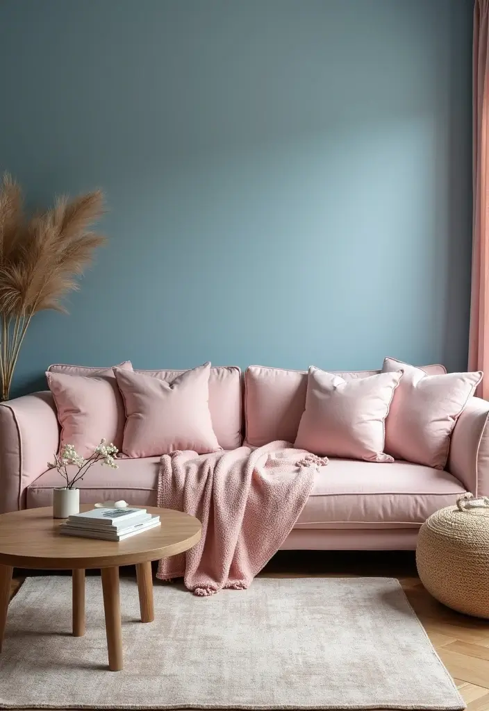 29 Blue Feature Wall Living Room Ideas That Add a Focal Point - 18. Blush and Blue Fusion