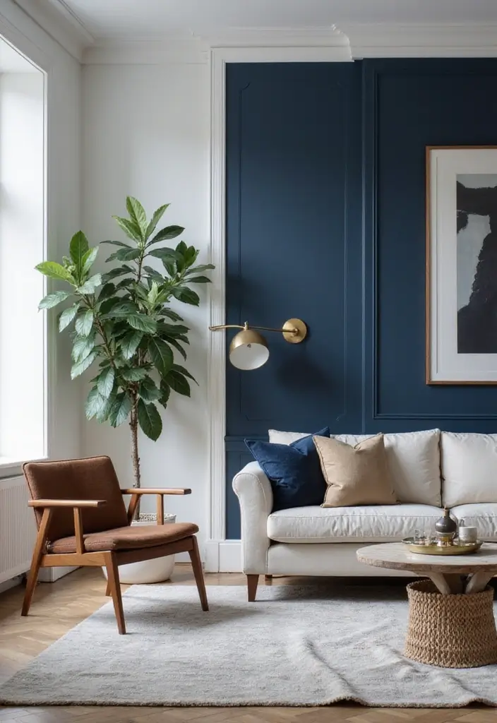 29 Blue Feature Wall Living Room Ideas That Add a Focal Point - 2. Bold Navy Statement