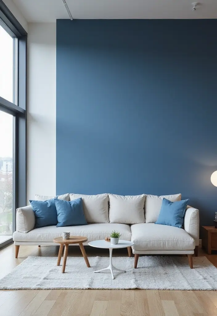29 Blue Feature Wall Living Room Ideas That Add a Focal Point - 23. Minimalist Blue Vibe