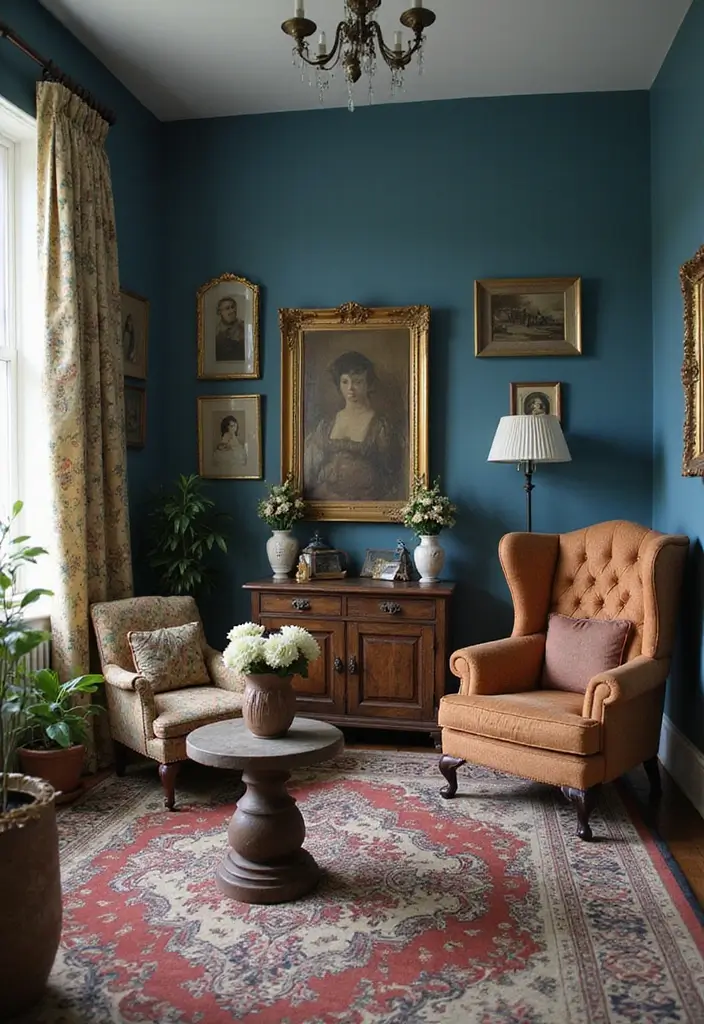 29 Blue Feature Wall Living Room Ideas That Add a Focal Point - 24. Vintage Blue Charm