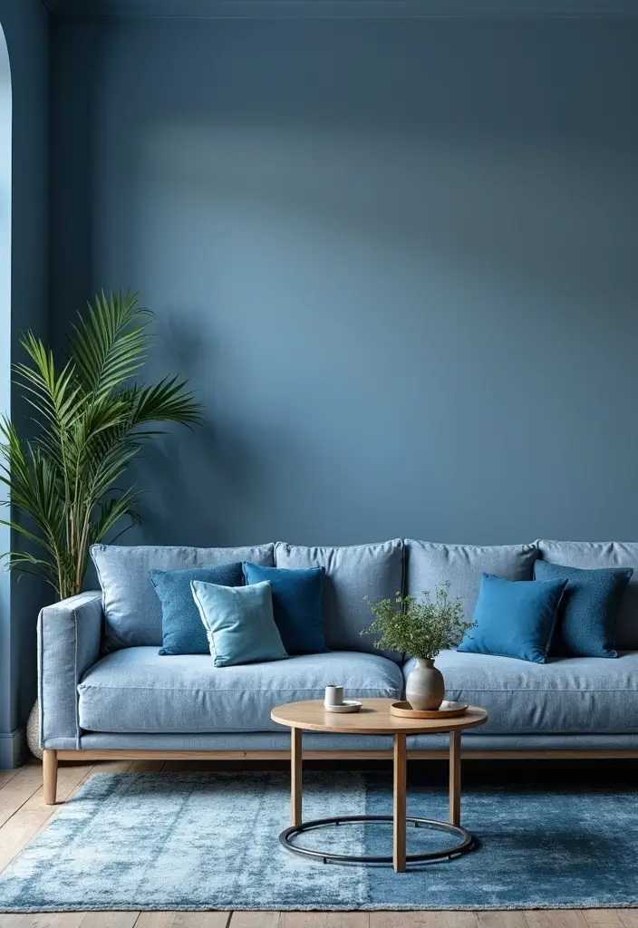 29 Blue Feature Wall Living Room Ideas That Add a Focal Point - 25. Monochromatic Blue Palette