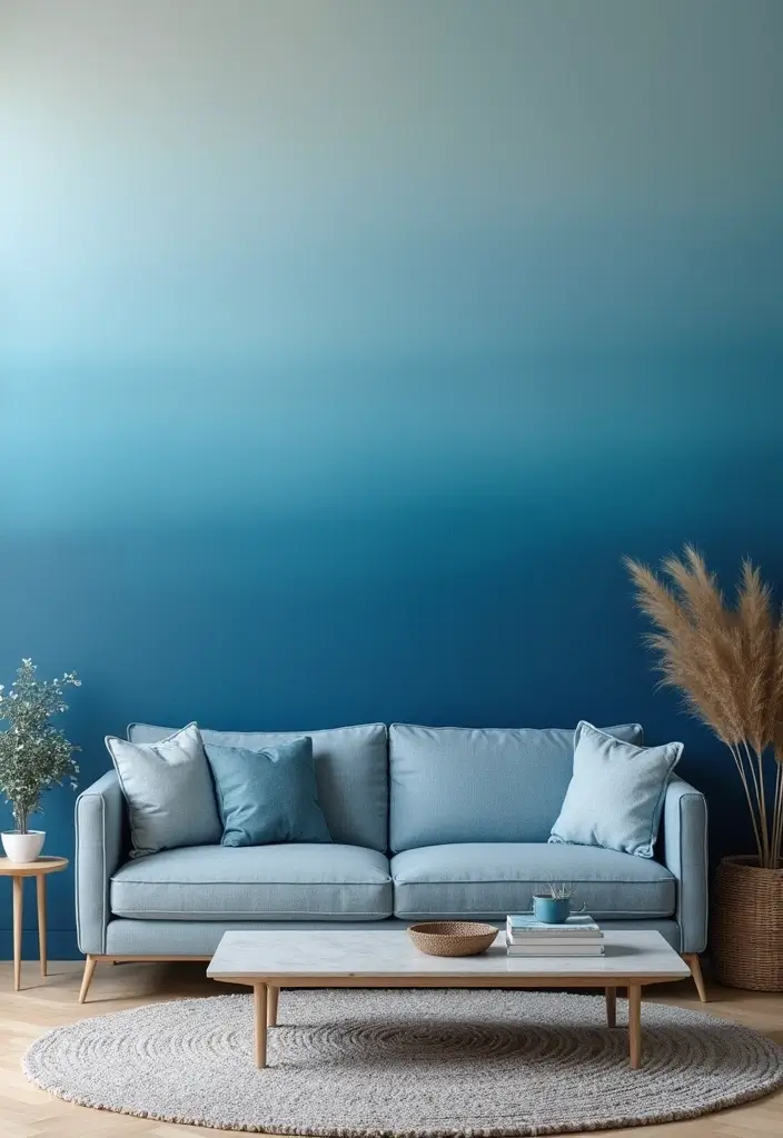 29 Blue Feature Wall Living Room Ideas That Add a Focal Point - 27. Blue Fade Effect