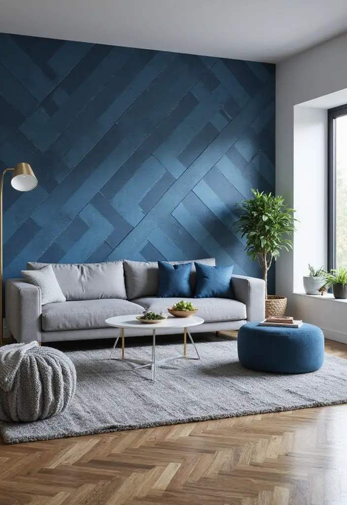 29 Blue Feature Wall Living Room Ideas That Add a Focal Point - 29. Blue Geometric Patterns