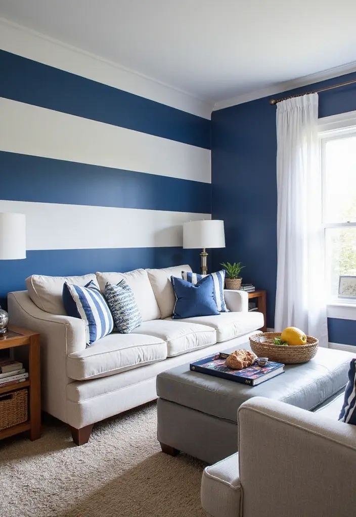 29 Blue Feature Wall Living Room Ideas That Add a Focal Point - 8. Blue and White Striped Accent Wall