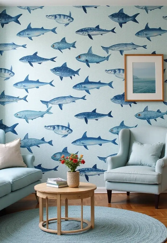 29 Blue Feature Wall Living Room Ideas That Add a Focal Point - 9. Coastal Patterned Wallpaper