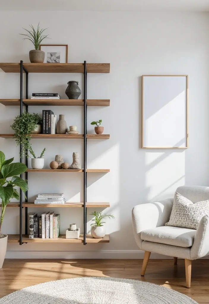 29 Clean Aesthetic Living Room Ideas That Feel Fresh and Minimal - 13. Open Shelving with Style