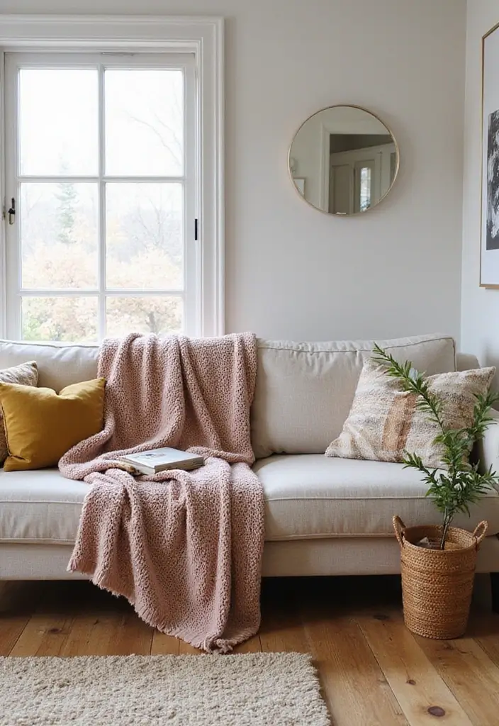 29 Clean Aesthetic Living Room Ideas That Feel Fresh and Minimal - 15. Decorative Throw Blankets