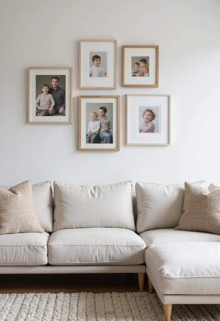 29 Clean Aesthetic Living Room Ideas That Feel Fresh and Minimal - 20. Personal Touches with Family Photos