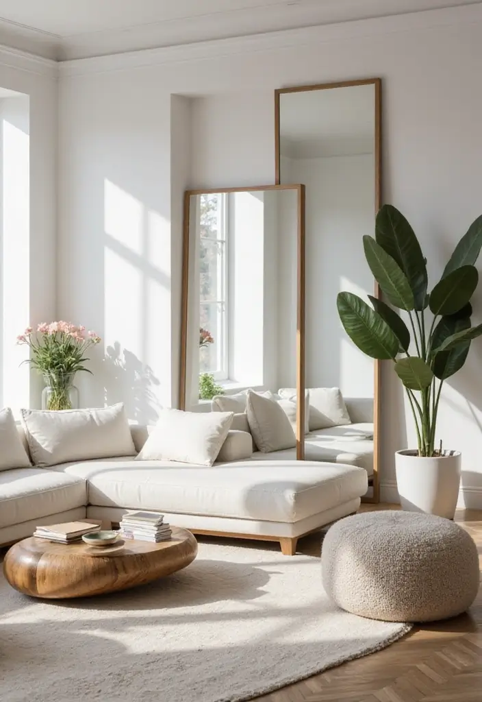 29 Clean Aesthetic Living Room Ideas That Feel Fresh and Minimal - 28. Incorporating Mirrors