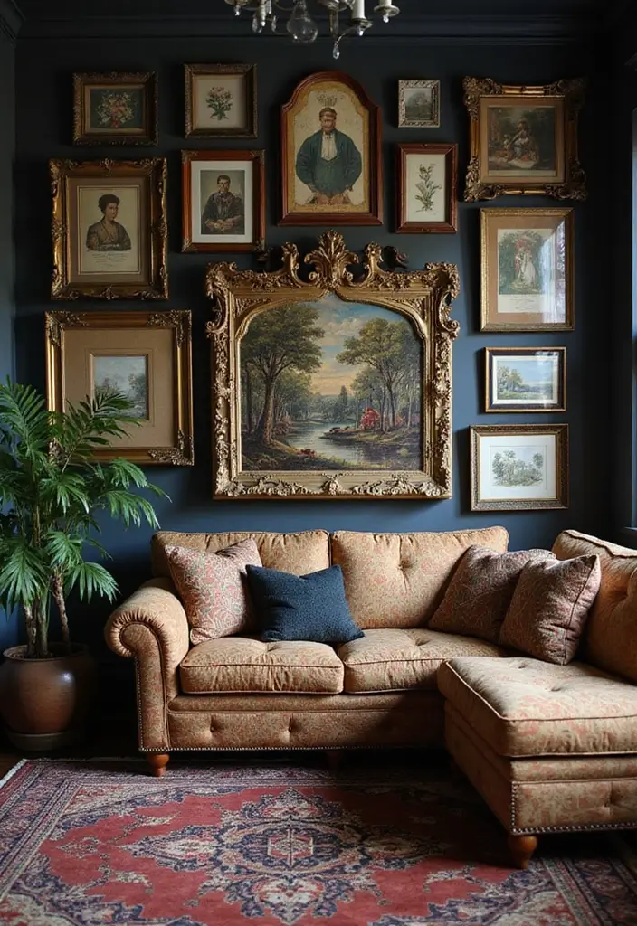 29 Dark Victorian Living Room Ideas That Feel Moody and Historic - 10. Artful Wall Decor