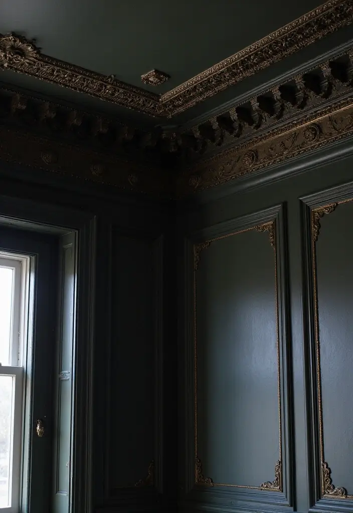 29 Dark Victorian Living Room Ideas That Feel Moody and Historic - 17. Intricate Crown Moldings