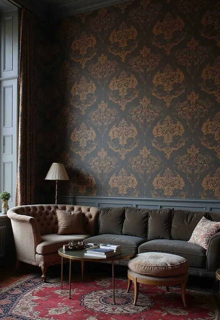 29 Dark Victorian Living Room Ideas That Feel Moody and Historic - 21. Elegant Wallpapers