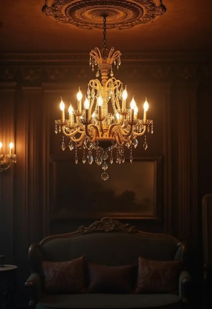 29 Dark Victorian Living Room Ideas That Feel Moody and Historic - 3. Statement Lighting