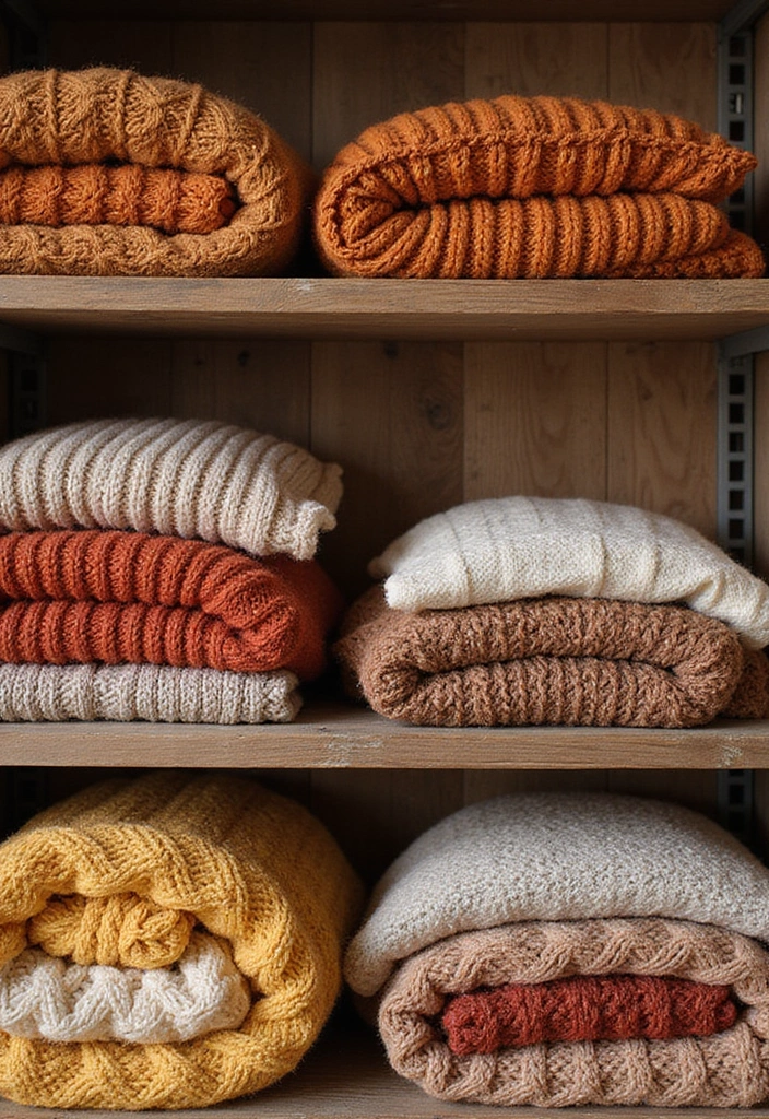 29 Fall Shelf Decor Ideas Living Room That Feel Warm and Seasonal - 1. Layered Textures with Knit and Wool