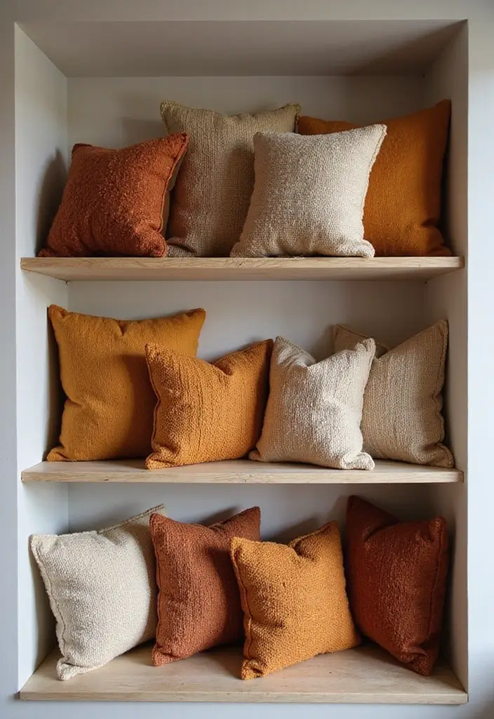 29 Fall Shelf Decor Ideas Living Room That Feel Warm and Seasonal - 10. Cozy Throw Pillows