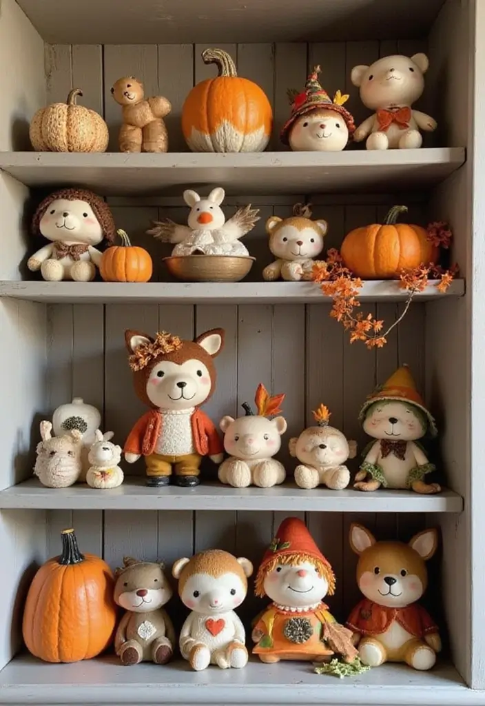 29 Fall Shelf Decor Ideas Living Room That Feel Warm and Seasonal - 11. Seasonal Figurines and Decor Pieces