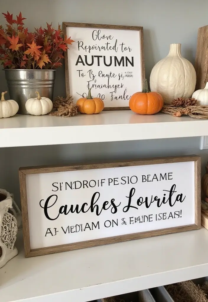 29 Fall Shelf Decor Ideas Living Room That Feel Warm and Seasonal - 15. Fun Seasonal Signs