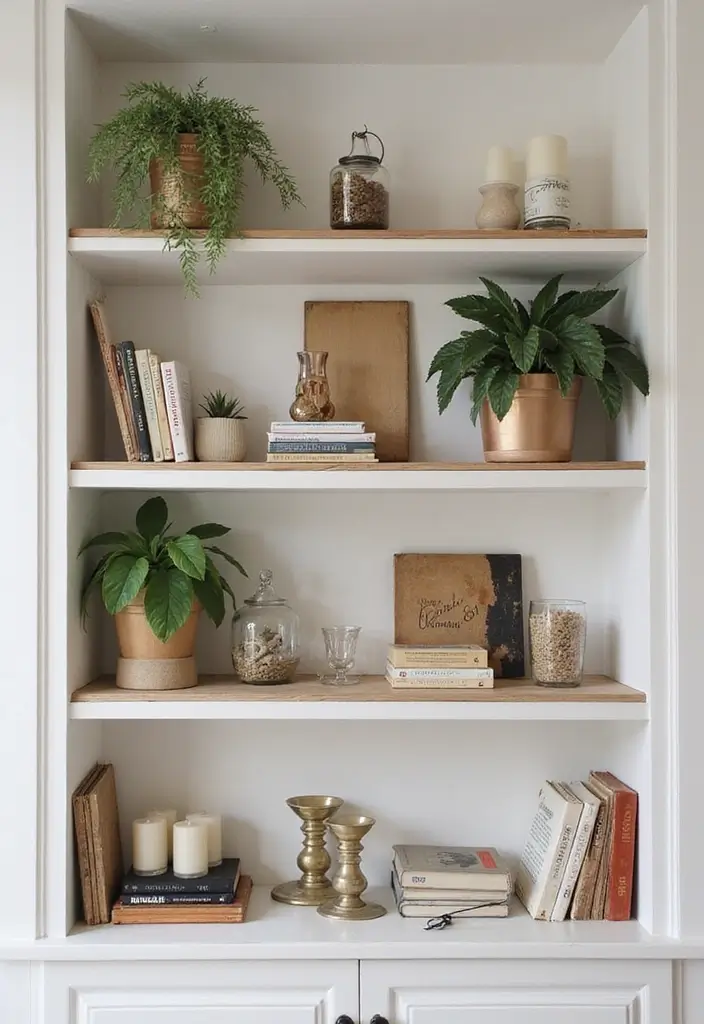 29 Fall Shelf Decor Ideas Living Room That Feel Warm and Seasonal - 17. Playful Layering of Decor Items