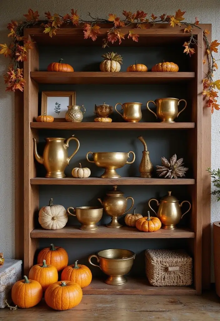 29 Fall Shelf Decor Ideas Living Room That Feel Warm and Seasonal - 18. Incorporate a Touch of Gold