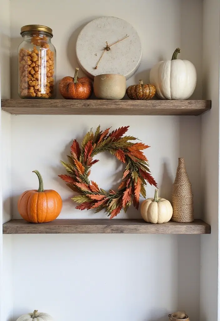 29 Fall Shelf Decor Ideas Living Room That Feel Warm and Seasonal - 19. Seasonal Wreaths as Decor