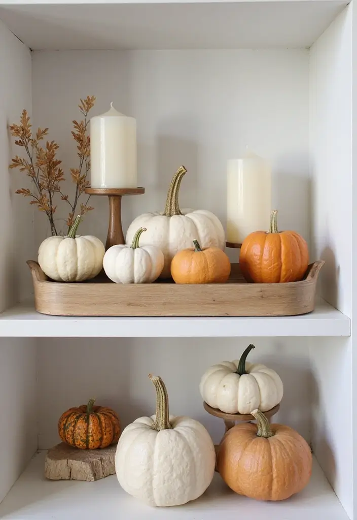 29 Fall Shelf Decor Ideas Living Room That Feel Warm and Seasonal - 20. Unique Serving Trays for Display