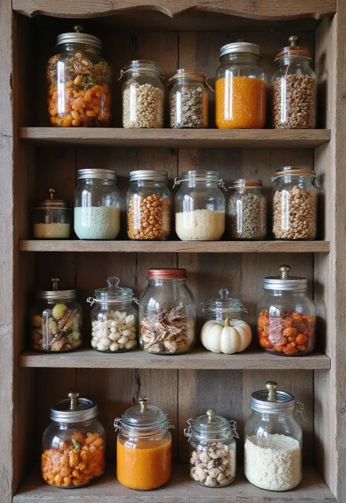 29 Fall Shelf Decor Ideas Living Room That Feel Warm and Seasonal - 21. Using Old Jars as Decor