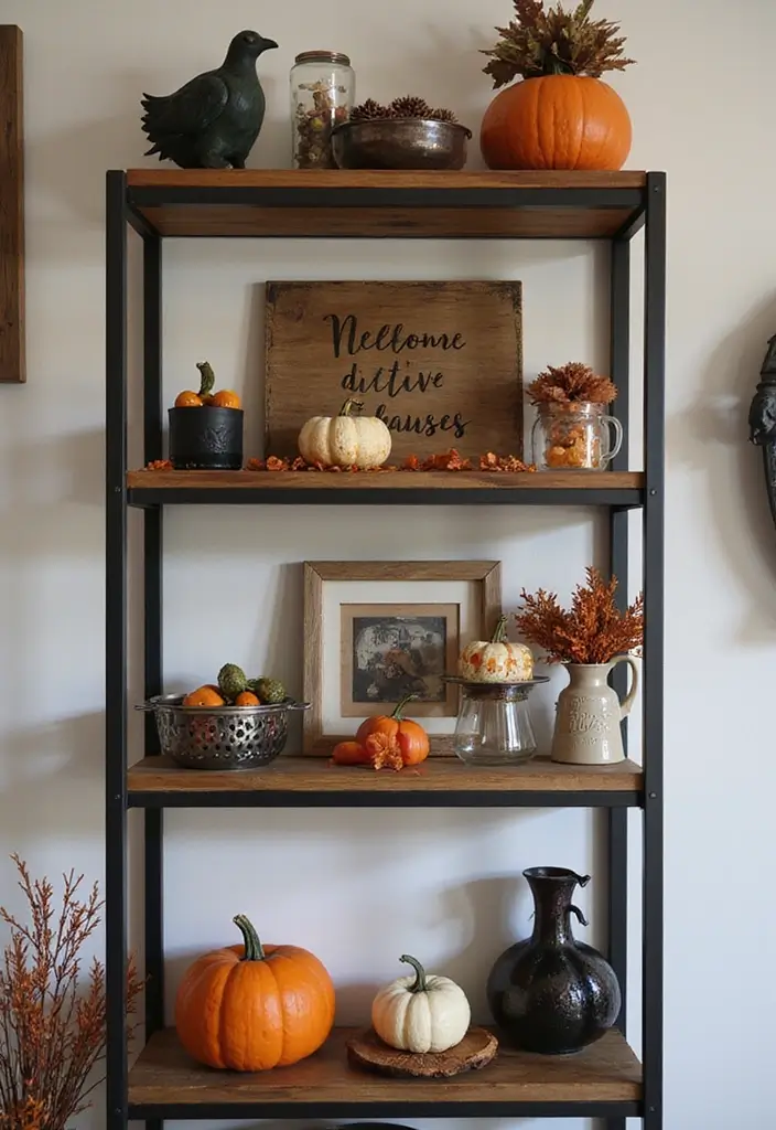29 Fall Shelf Decor Ideas Living Room That Feel Warm and Seasonal - 22. Incorporate a Halloween Touch