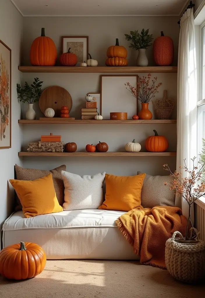 29 Fall Shelf Decor Ideas Living Room That Feel Warm and Seasonal - 23. Creating a Cozy Nook with Shelves