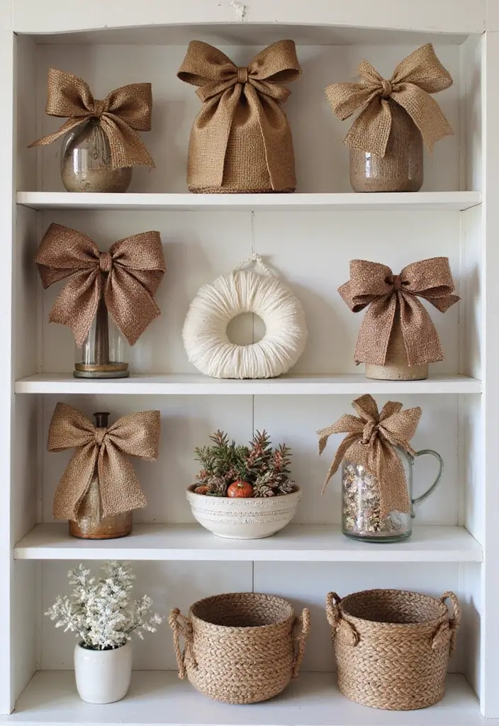 29 Fall Shelf Decor Ideas Living Room That Feel Warm and Seasonal - 26. Incorporate a Seasonal Bow