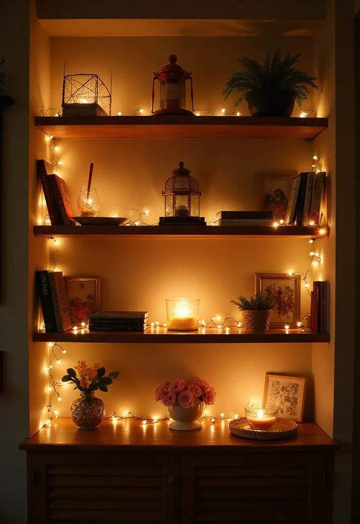 29 Fall Shelf Decor Ideas Living Room That Feel Warm and Seasonal - 28. Incorporate Soft Lighting